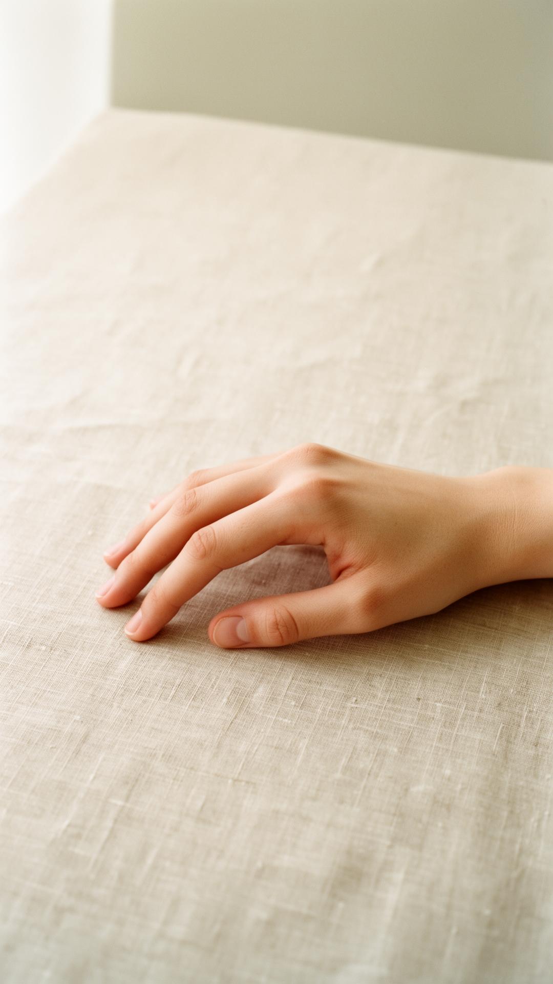 Détail éditorial — main posée sur une surface en lin, lumière naturelle
